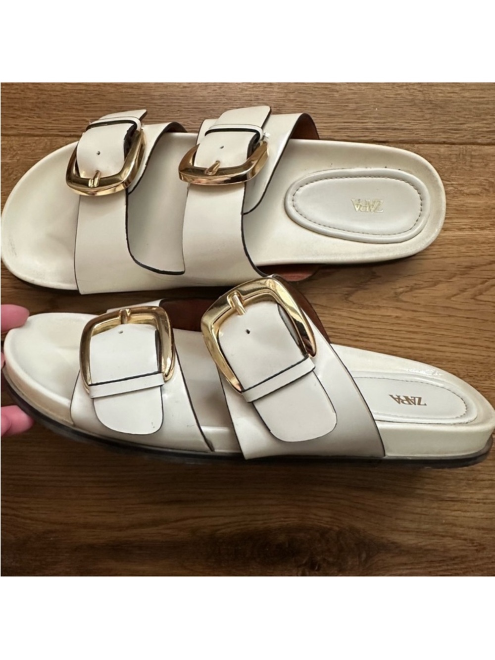 Zara Cream Leather Double-Buckle Slide Sandals with Gold Buckles
